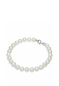 Pulsera de perlas con perlas blancas uniformes, de textura suave, forma redondeada y un cierre de langosta de plata para mayor seguridad.