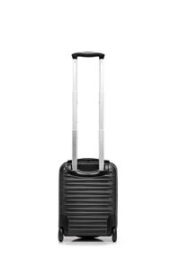 Valise rigide noire avec une finition texturée, deux roues lisses et une poignée en aluminium extensible. Design compact et rectangulaire.