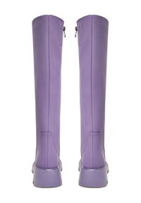 Purple knee-high boots with smooth leather texture, a rounded toe, and a side zipper closure, displayed from the back.