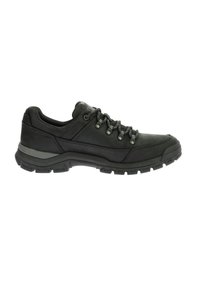 Scarpa da trekking nera con tomaia in pelle texturizzata, design con lacci, suola in gomma spessa e accento grigio nella parte centrale. Punta rinforzata per maggiore durabilità.