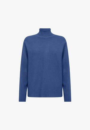 Blauwe geribbelde gebreide turtleneck trui met lange mouwen en een relaxte pasvorm. Beschikt over een soepele textuur en een hoge hals.