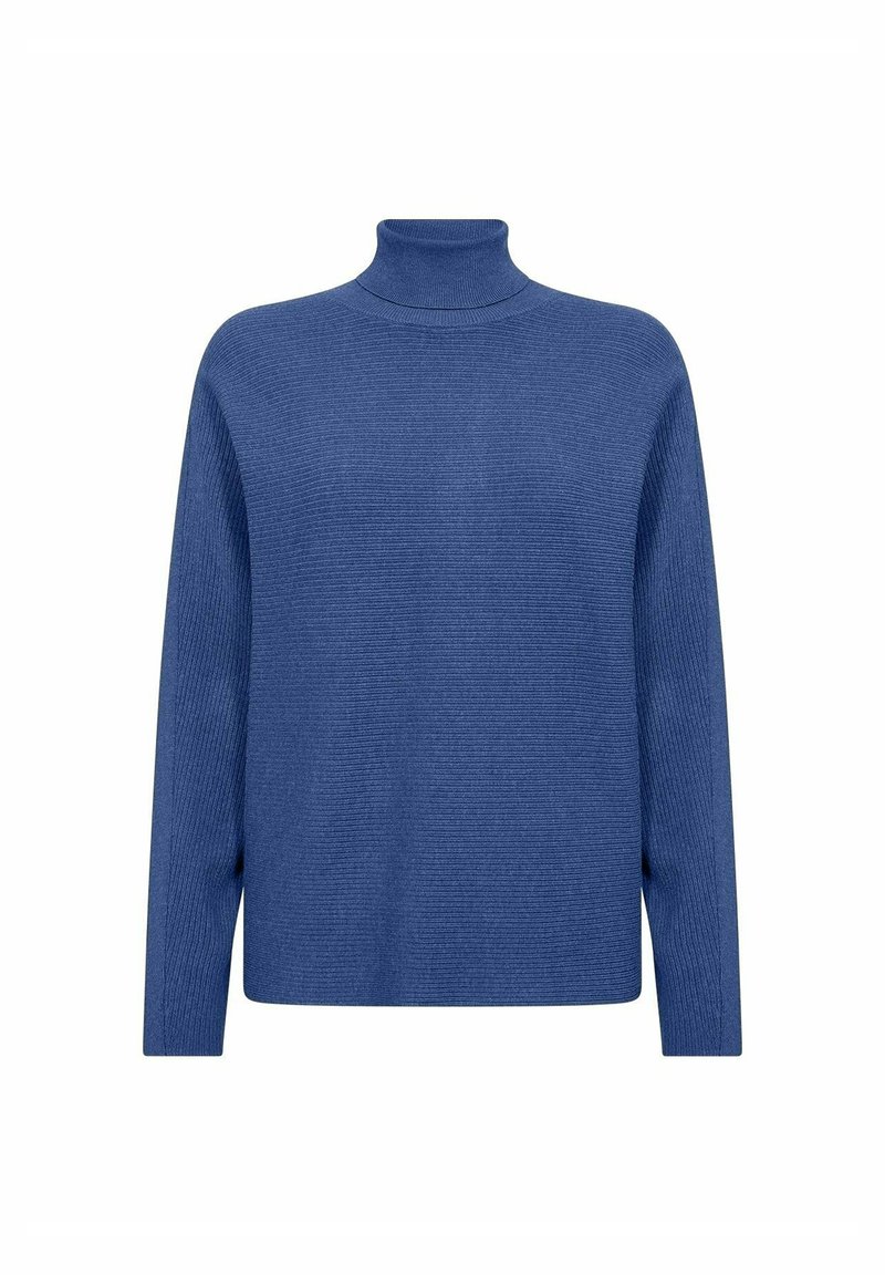 Blauwe geribbelde gebreide turtleneck trui met lange mouwen en een relaxte pasvorm. Beschikt over een soepele textuur en een hoge hals.