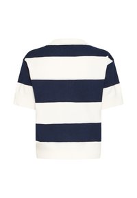 Polo en coton à manches courtes doté de rayures horizontales bleu marine et blanches, avec un col et des poignets côtelés, offrant une coupe décontractée.