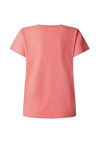 Camiseta de manga corta de color coral rosa sólido con cuello redondo, vista desde atrás, hecha de tela suave y ligera con dobladillo recto.