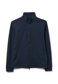 Chaqueta de punto Navy con cremallera, hecha de un tejido suave, que presenta un cuello alto, dos bolsillos laterales y puños acanalados. Textura lisa con detalles de costura mínimos.