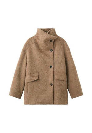 Palton maro din lână cu guler înalt, patru nasturi negri în față și două buzunare cu clapetă în partea din față.