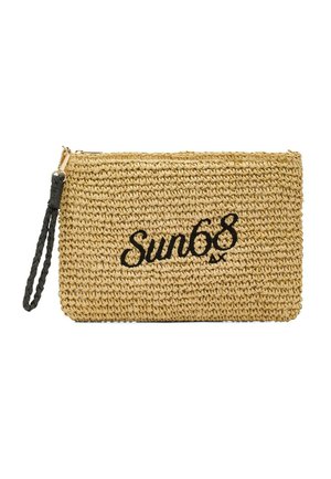 Borsa a mano rettangolare in paglia intrecciata con cinturino da polso intrecciato nero e "Sun68" ricamato in nero nel centro frontale.