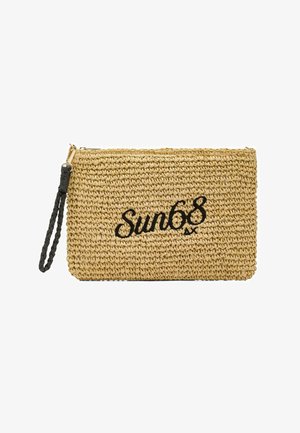 Borsa a mano rettangolare in paglia intrecciata con cinturino da polso intrecciato nero e "Sun68" ricamato in nero nel centro frontale.
