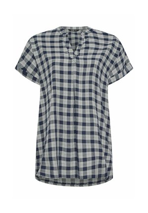 Marineblauw-witte blouse met korte mouwen, ruitjespatroon, V-hals en een losse pasvorm.