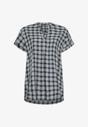 Marineblauw-witte blouse met korte mouwen, ruitjespatroon, V-hals en een losse pasvorm.