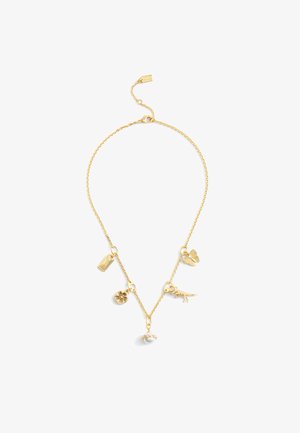 Gouden ketting met bedels, waaronder een vlinder, dinosaurus, bloem, schelp en parel, die allemaal aan een delicate ketting hangen.