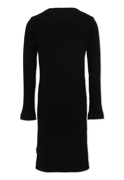 Robe noire en maille côtelée à manches longues, coupe droite et encolure ronde, vue de dos.