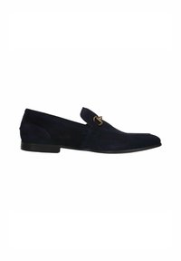 Navy suede slip-on shoe with a rounded toe, decorative gold hardware accent, and a flat black sole. Smooth texture and minimal stitching detail.