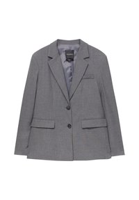 Blazer gris en tissu texturé, avec un col à revers cranté, deux poches avant, deux boutons et une doublure intérieure en satin.