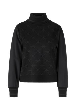 Schwarzer Langarmrollkragenpullover mit strukturiertem Sternmuster auf der Vorderseite sowie gerippten Bündchen und Kragen.