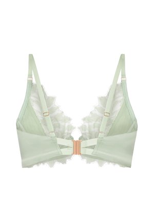 Bralette in pizzo verde chiaro con spalline regolabili e chiusura frontale in oro rosa, con rifiniture in pizzo arricciato lungo i bordi.