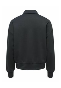 Sweat-shirt gris foncé avec col, épaules tombantes et poignets élastiques, texture lisse et coupe courte. Vue de dos montrée.