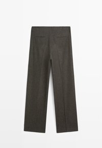Gray wool blend trousers with a straight-leg design, featuring two back pockets and a smooth texture. The fabric has a subtle pattern.