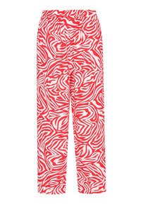 Rood-witte geprinte broek met een losse pasvorm, voorzien van een rekbare tailleband en een abstract swirlontwerp over de hele broek.