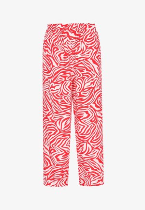 Punased ja valged mustrilised püksid, mis on lõdva istuvusega, millel on veniv vöökoht ja abstraktne spirali mustri kujundus kogu ulatuses.