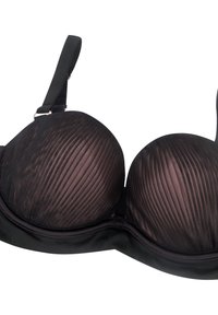 Zwarte gevoerde bh met ribbelige mesh cups en een gladde satijnen band. Heeft verstelbare bandjes en accenten van roségoud.