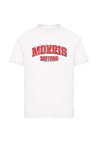 White cotton t-shirt featuring "MORRIS" in bold red arching text above "MOTORS" in smaller font, all with a distressed appearance.