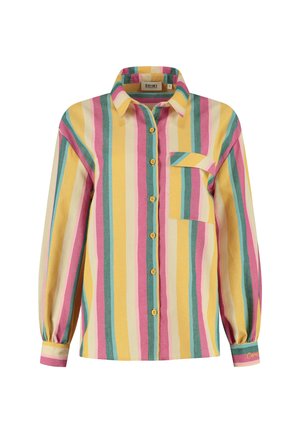 Multicolored striped shirt featuring yellow, pink, and teal stripes, button-up front, long sleeves, and a pocket on the left chest.