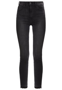 Černé skinny džíny s vysokým pasem, zapínání na knoflík a zip, přední a zadní kapsy a raw hem detaily.