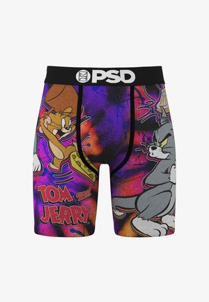 Boxer Tom e Jerry con colori vivaci viola e nero, con illustrazioni a fumetti di Tom e Jerry e una cintura nera con il logo.