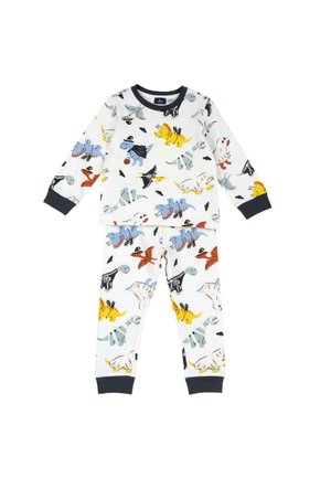 Ensemble pyjama blanc à manches longues pour enfants avec des illustrations colorées de dinosaures, certains déguisés en costumes d'Halloween, et des poignets foncés aux manches et aux pantalons.