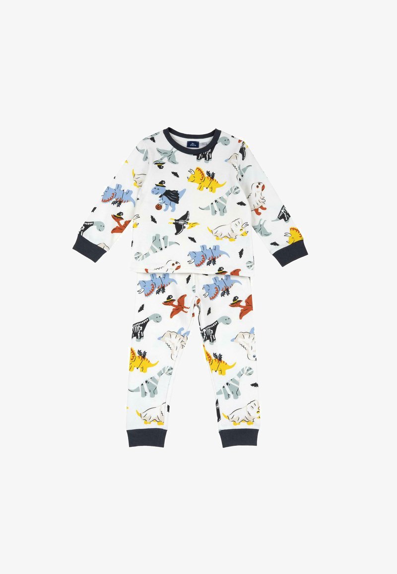Ensemble pyjama blanc à manches longues pour enfants avec des illustrations colorées de dinosaures, certains déguisés en costumes d'Halloween, et des poignets foncés aux manches et aux pantalons.
