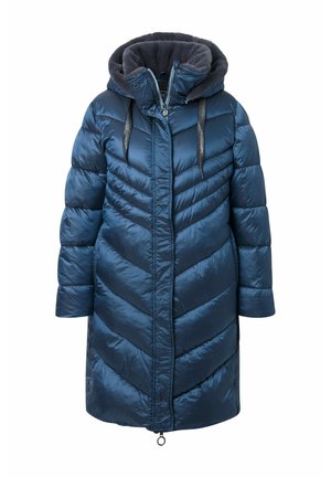 Puffiger, knielanger Mantel in Dunkelblau. Verfügt über ein Chevron-Muster, eine weich gefütterte Kapuze und graue Kordelzüge. Reißverschluss vorne mit einem Ring-Zipper.