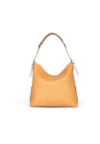 Hobo bag yang terbuat dari kulit cokelat halus dengan siluet melengkung, tekstur lembut, dan satu tali cokelat yang bisa disesuaikan. Desain minimalis, tanpa perangkat keras yang terlihat.