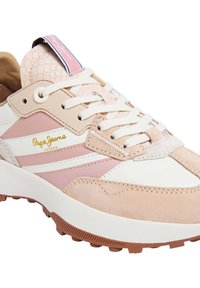 Svijetlo ružičaste i bijele tenisice s zamščenim i teksturiranim detaljima. Imaju dizajn s vezicama, kontrastne pruge i gumeni potplat.