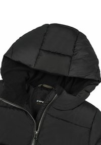 Schwarze gepolsterte Jacke mit gestepptem Kapuze, ausgestattet mit einem Doppelreißverschluss und weichem Innenfutter. Glatte Textur und leichtes Design.