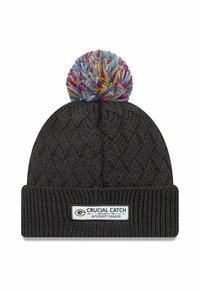 Gray knit beanie with a textured diamond pattern, featuring a multicolored pom-pom on top and a white logo patch at the front.