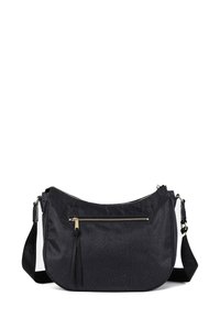 Borsa a tracolla nera realizzata in tessuto testurizzato, con zip dorata, tasca esterna e tracolla regolabile. Forma arrotondata con un motivo sottile.