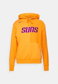 Sweat à capuche orange avec le texte violet "SUNS" et un petit logo Nike sur la poitrine, doté d'une poche kangourou à l'avant et d'une capuche avec cordon de serrage.