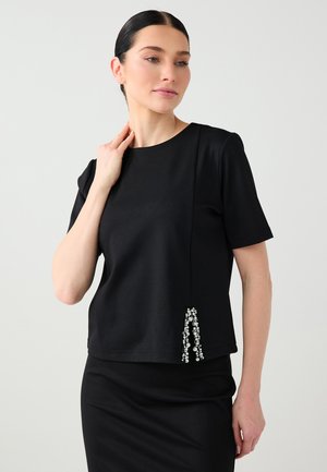 PEARL AND STONE EMBROIDERED ROUND NECK - Blouse - black
