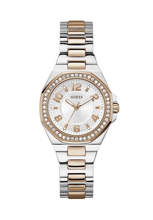 Orologio in metallo argento e rosa con cassa ottagonale, quadrante bianco con texture, grandi numeri e decorazioni in cristallo sulla lunetta e sui link del bracciale.