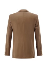 Brauner, maßgeschneiderter Blazer mit glatter Textur, abgesteppten Revers, geknöpften Manschetten und einem einzelnen Schlitz am Rücken.