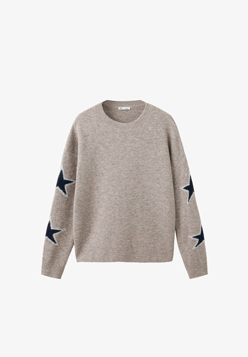 Pull beige en tricot avec col rond et grandes étoiles bleu marine sur les deux manches, avec poignets et ourlet côtelés.