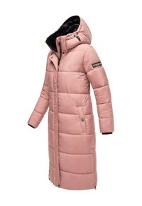 Colecție lungă de puffer roz cu glugă detașabilă, design matlasat, închidere cu capse și căptușeală și manșete din fleece negru. Include buzunare laterale.