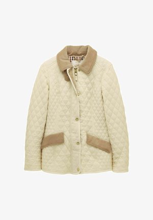 Kremowa pikowana kurtka z beżowym kołnierzem i patkami kieszeni z sztruksu, zapinana na suwak z przodu oraz zatrzaski.