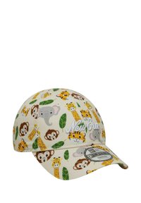 Baseballmütze aus cremefarbenem Stoff mit Tiermuster, einschließlich Affen, Elefanten und Tigern. "New Era"-Logo auf der Vorderseite gestickt.