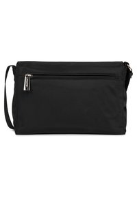 Borsa a tracolla nera in nylon con una tasca con zip sul davanti, design piatto, tracolla regolabile e texture liscia.