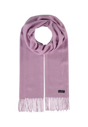 Écharpe lilas en tissu doux, dotée de franges aux extrémités et d'une petite étiquette de logo noire, présentant une texture lisse et uniforme.