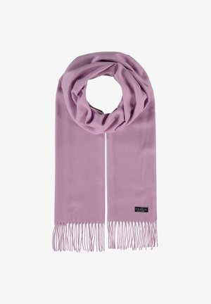 Sciarpa viola chiaro realizzata in un tessuto morbido, con estremità frangiate e un piccolo tag con logo nero, che presenta una texture liscia e uniforme.