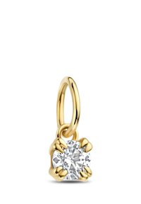 Gold pendant loop holding a round brilliant-cut diamond secured by four claw prongs, displayed on a white background.