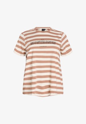 Beżowa i biała koszulka w paski, z krótkim rękawem i okrągłym dekoltem. Napis "DES MONTAGNES FRANCE" w czerni na wysokości klatki piersiowej.